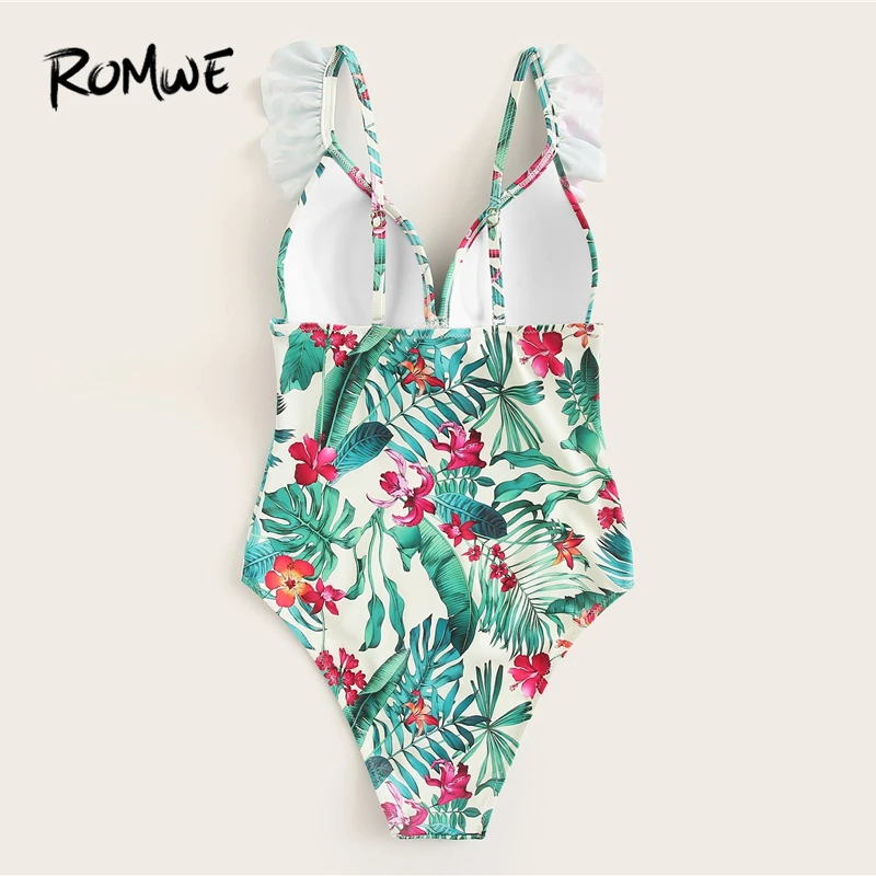 Romwe спортивный Многоцветный комплект бикини Цветочный Тропический Принт с оборкой цельный купальник женский летний отдых пуш-ап Монокини