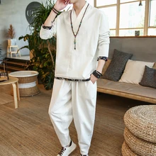 Китайский стиль, хлопковый льняной брючный костюм с длинным рукавом, Винтажный Мужской костюм в стиле Танг, Молодежный весенне-осенний костюм большого размера, свободный мужской костюм