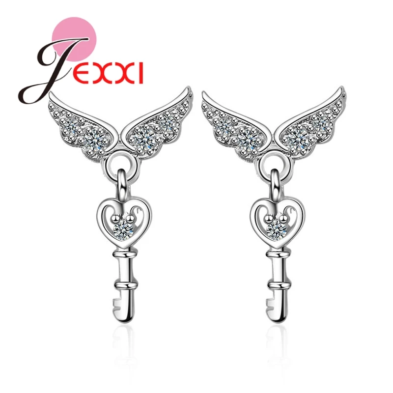 

Magical Angel Wings Earrings For Women 925 Sterling Silver Sterling Silver Jewelry Key Shape Pendant Pave Crystal Sweet Gifts