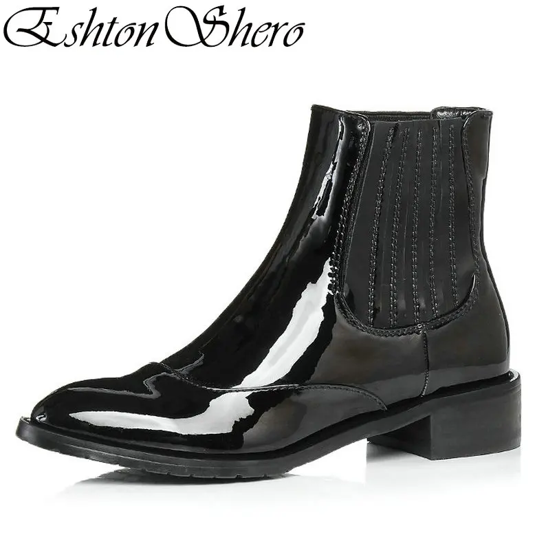 

EshtonShero Shoes Woman Genuine Patent Leather+ PU Slip On Ankle Boots Pointed Toe Low Heel Ladies Wedding Boot Size 34-39