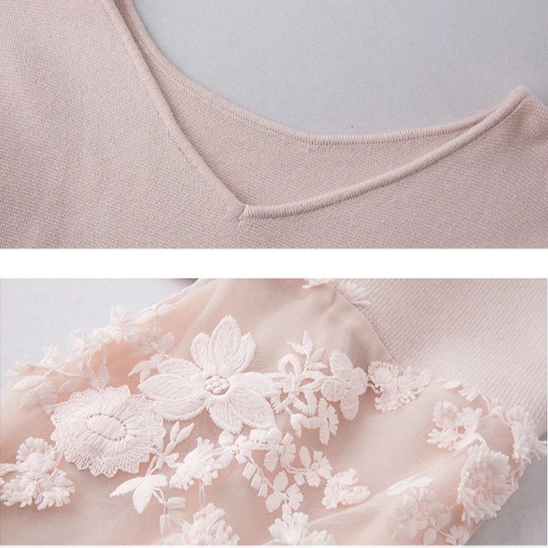 Spring Girl Knitted V Neck Patchwork Chiffon Floral Puff Sleeve Elastic Cute Sweet Pullover Solid Color Women Short Sweater