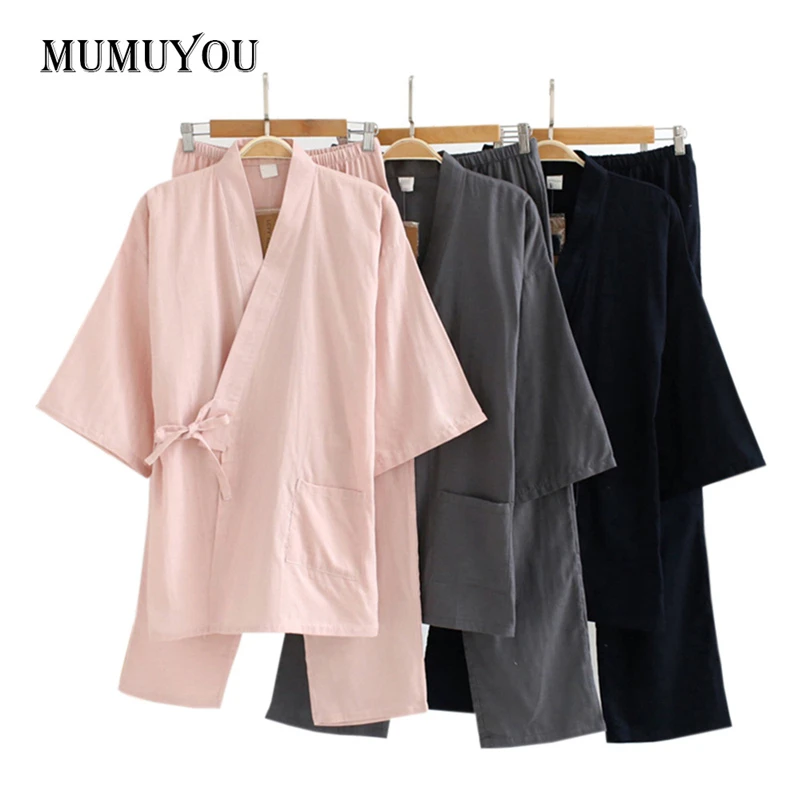 

Women Pajama Sets Summer Kimono Japan Style Cotton Sleepwear Full Length Trousers 3/4 Sleeve V-neck Tops Nightwear New 204-139