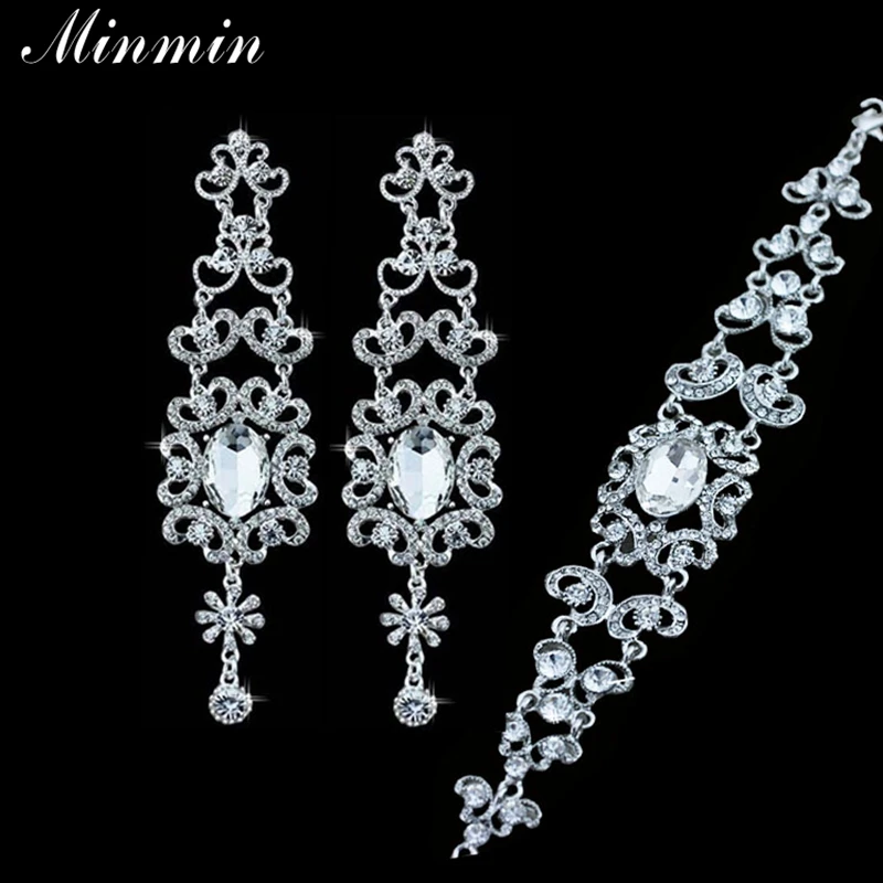 Minmin Bridal Jewelry Sets for Women Wedding Accessories Crystal Long Earrings with Lovely Bracelet EH004+SL036