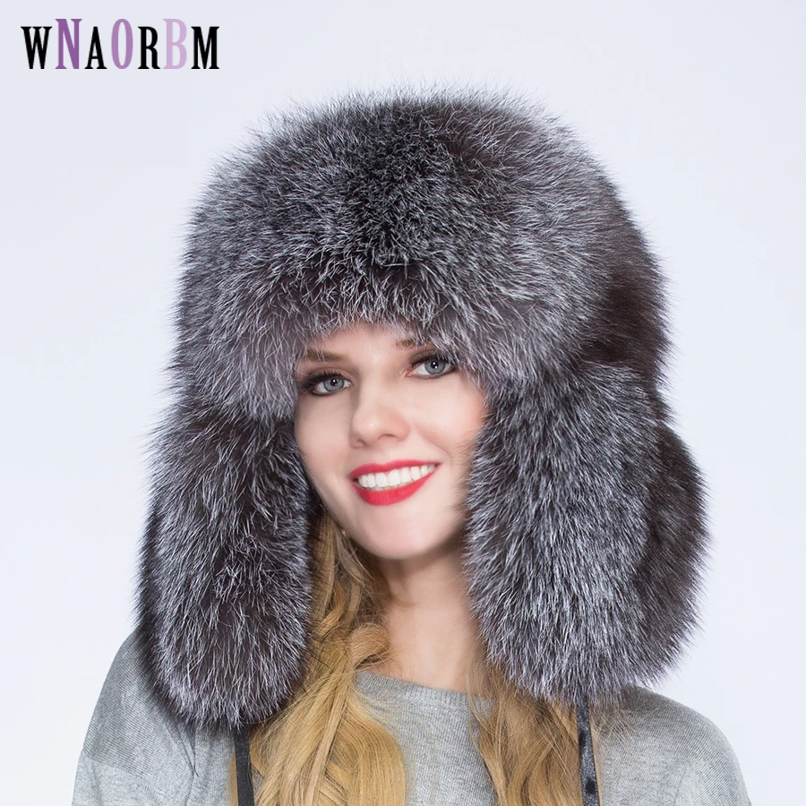 100% Real Genuine Silver Fox Fur Mongolia Cap Winter Women's Hat With Tail S102