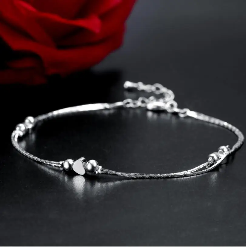 

New Fine Quality 925 stamped silver plated double layer slim Anklet Woman Charm Heart Pendant Silver Anklet Bead Luxury Jewelry