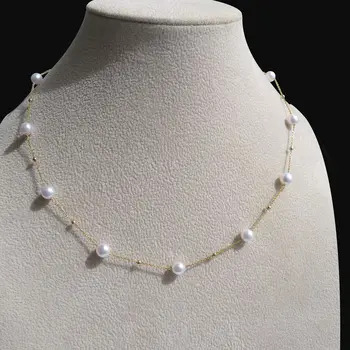 

Elegant 5.5-6MM Round White Genuine Akoya Pearl Necklace 18K Solid Yellow Gold