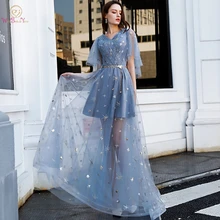 Gray Blue Prom Dresses 2019 Cut Out Short Sleeves Long Embroidery Tulle V Neck Pleats Belt Flow Evening Party Graduation Gowns black cut out crew neck long sleeves bodysuits
