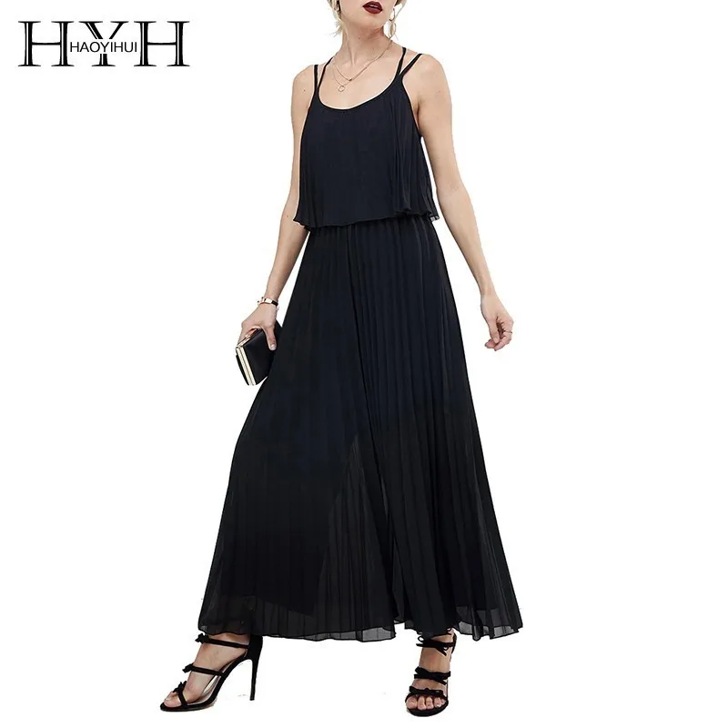 

HYH Haoyihui Femme Summer Stylish Sexy Trousers Open-back Cross-strap Round-neck Solid Color Commuter Pleated Black Jumpsuit