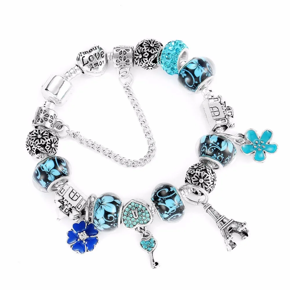 

2018 Antique Silver Color Eiffel Tower Pendant Charm Bracelet Crystal Flower Bead Bracelets & Bangles for Women Jewelry Gift