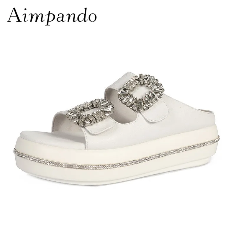 

Flat Platform Shoes Woman 2018 New Arrival Black White Crystal Square Buckle Thick Heel Women Slippers