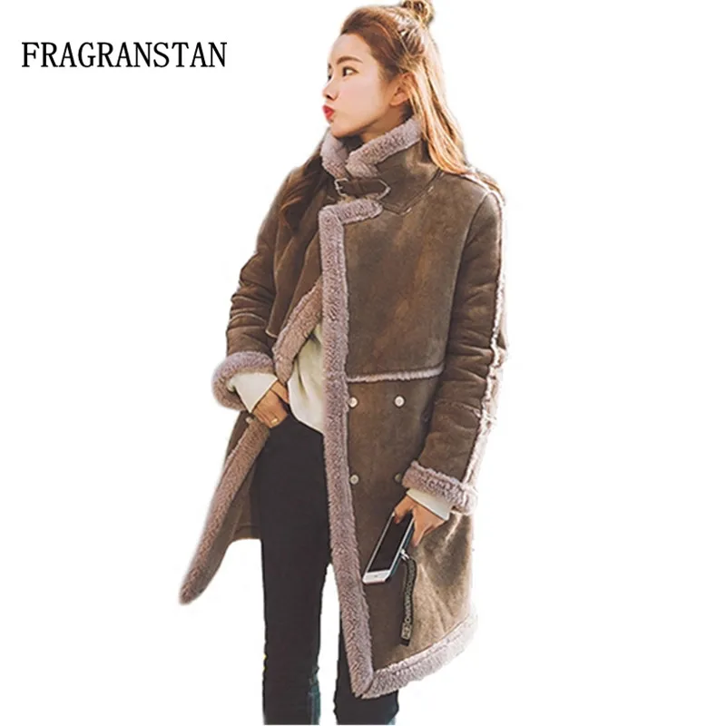

Women Winter Fashion Loose Long Cotton Thickening Warm Turn Down Collar Coat Female Casual Lambswool Suede Patchwork Parka JQ104