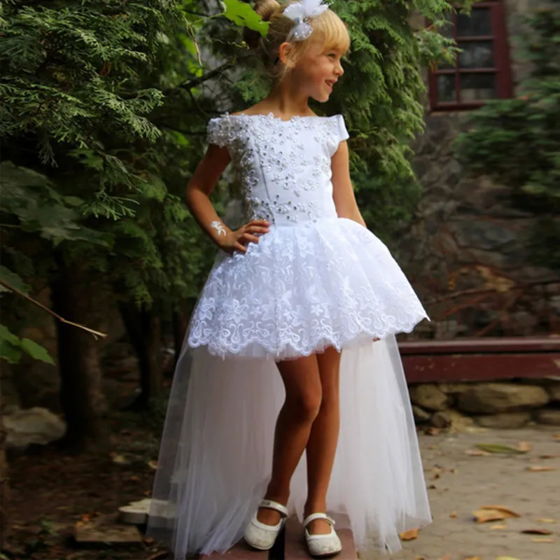 35 Girl Party Gown White Lace Princess Girls Pageant Dress 2018 Long Back Short Front Flower Girl Dress For Weddings Ball Gown