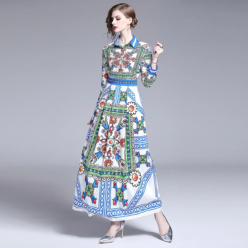 

HAMALIEL Runway Desinger Women's Holiday Maxi Dress Elegant Summer Print Flower Slim Long Sleeve Location Party Beach Vestidos