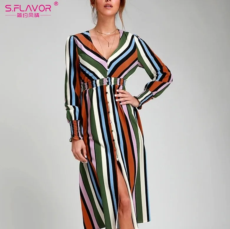 S. FLAVOR, цветное Полосатое женское платье с v-образным вырезом, элегантное, на одной пуговице, тонкое, длинный рукав, сарафан для женщин, мода, весна, Vestidos - Цвет: as picture