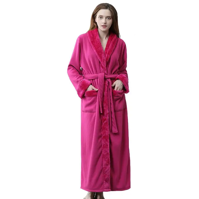 CEARPION зимняя фланелевая одежда для сна теплый халат длиной до щиколотки Femme длинные Халаты женские мягкие кимоно купальный халат домашнее платье - Цвет: Hot Pink