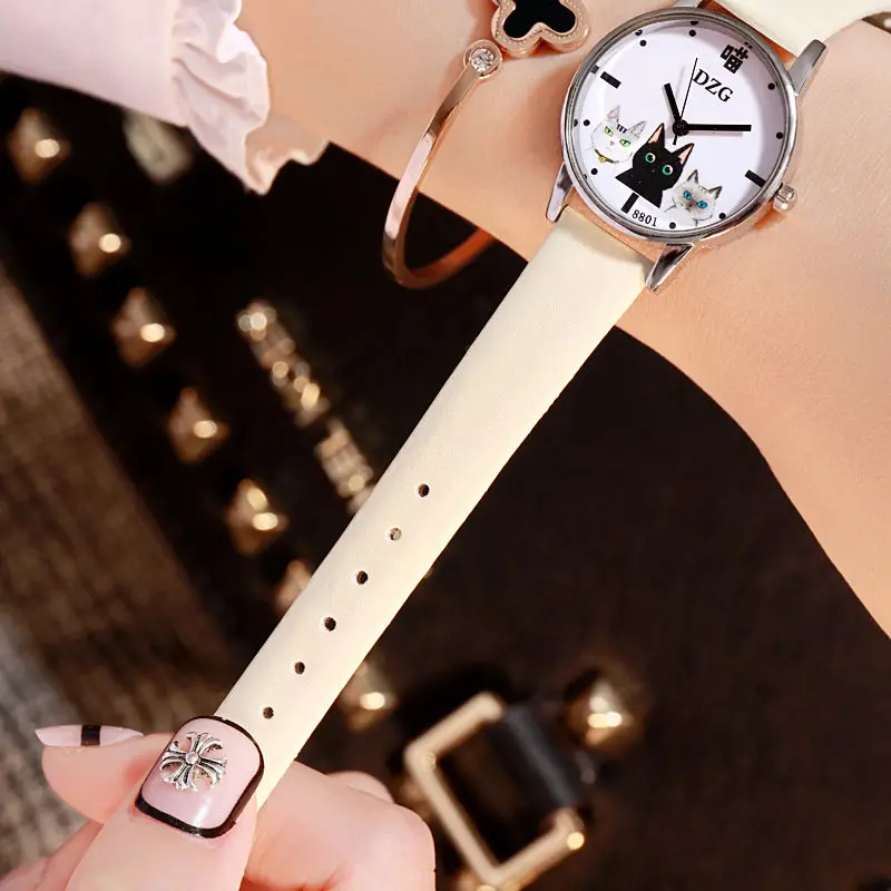Простой рисунок кошки маленький циферблатные женские часы Роскошные брендовые кварцевые женские часы Ретро в винтажном стиле; кожаные женские наручные часы