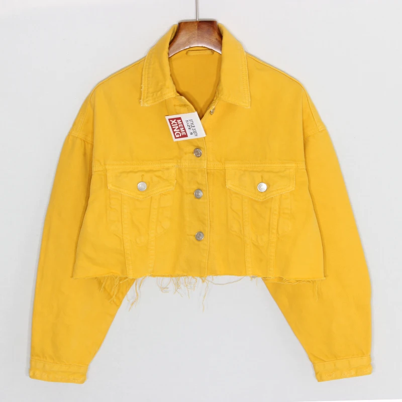 

Women High Waist Basic Versatile Fashion Yellow Denim Jacket Women Long sleeve Jeans Jacket Short Coat Big size Loose Outerwear