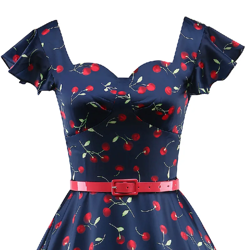 JLI может женское винтажное платье с вишневым принтом с рукавом-бабочкой и v-образным вырезом с поясом Женская одежда размера плюс Ретро 50s вечерние летние платья