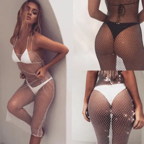 ITFABS New Hollow Out Lace Crochet Beach Cover Sexy Women Beachwear Swimwear Bikini Cover Up Kaftan Lady Fishnet Beach Dress