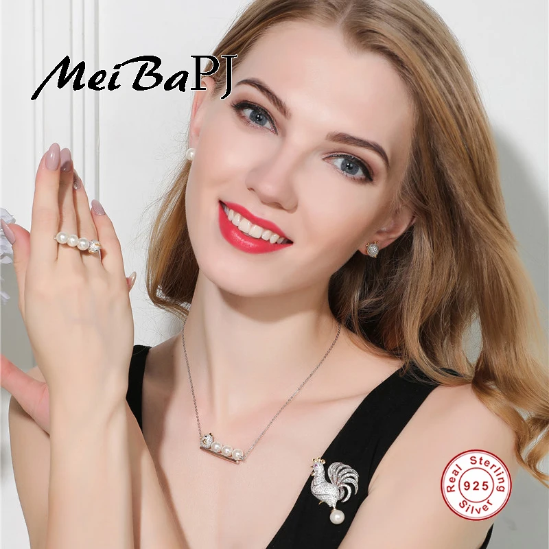 [MeiBaPJ]Very Lovely Small Yellow Chicken Set AAA Zircon Hot S925 Silver Set Shell Pearl Necklace&Earrings&Ring&Brooches Sets