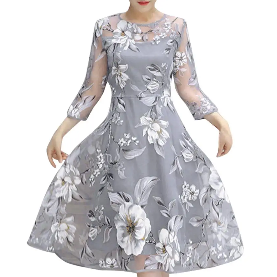 

Fashion Women Organza Floral Dress Summer Ladies Three Quarter Flower Printed Casual Beach Mini Dresses Party Vestidos #LH