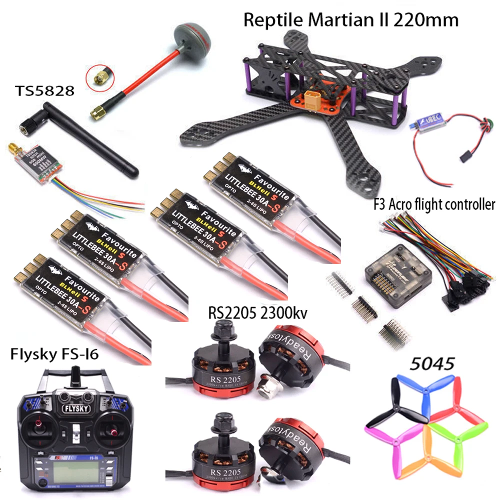 

Reptile Martian II 220mm w/ 4mm Arm Carbon Fiber Frame F3 Flight controller Littlebee 30A ESC RS2205 2300kv motor / Flysky I6
