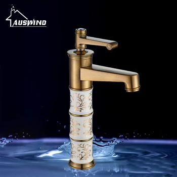 

European Antique Kitchen Faucets Brass Polished Gold Bathroom Faucet Classic Ceramic Single Hole Sink Taps Hot Cold Deck Mount