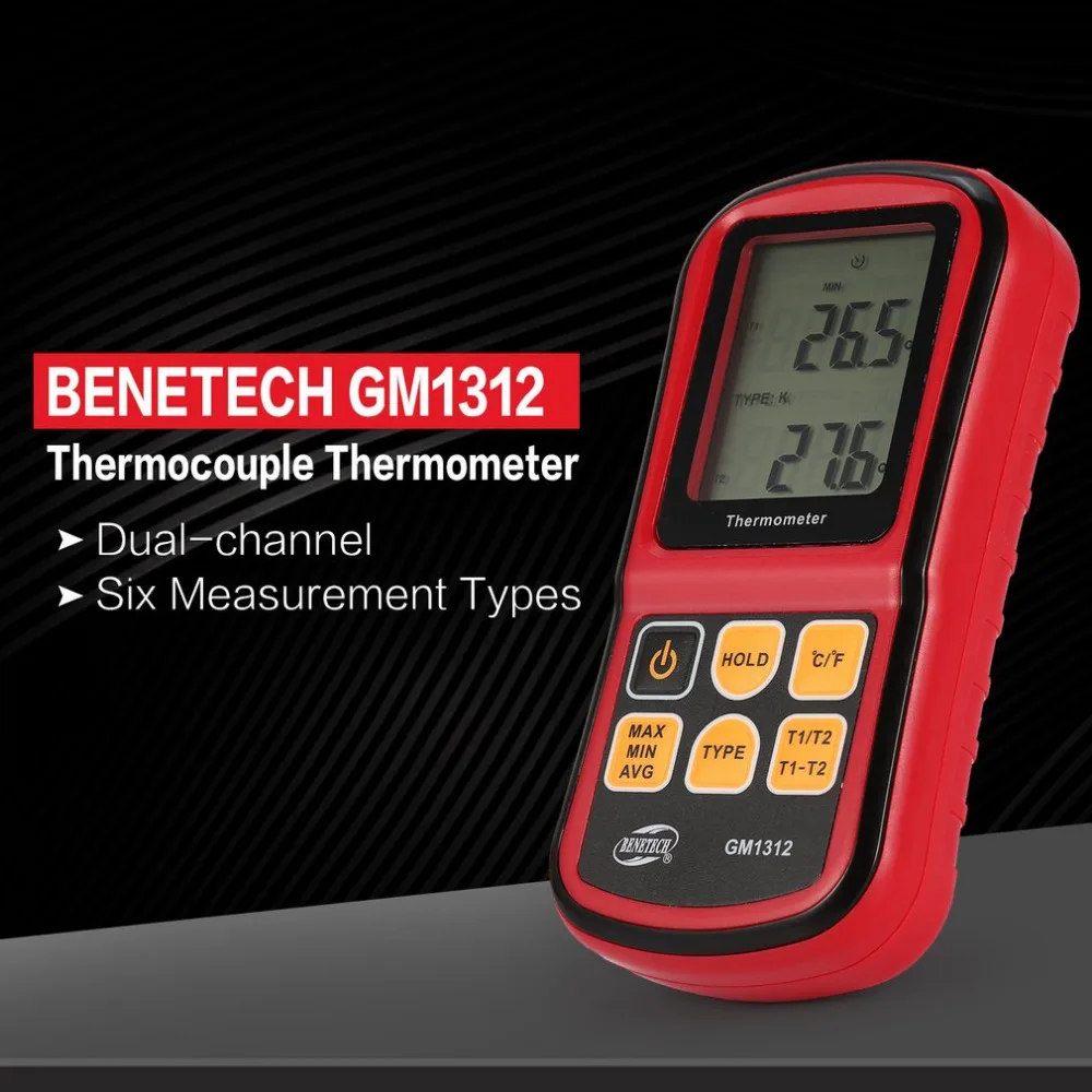 BENETECH GM1312 двухканальный цифровой термометр с термопарой-50~ 300 ручной измеритель температуры 2 шт. K Тип термопары