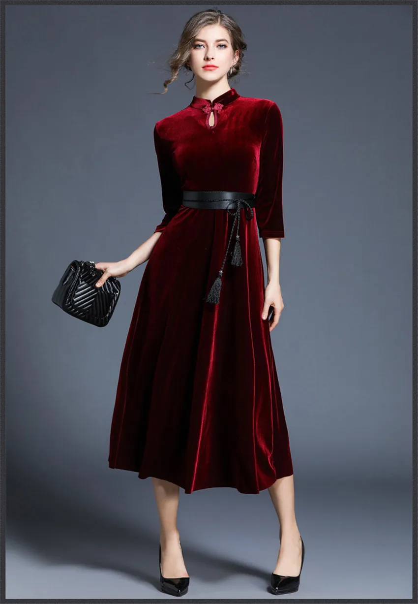 Весеннее зимнее женское платье с рукавом 3/4 красное бархатное платье ретро винтажное вечернее платье китайский стиль vestidos mujer Robe Femme