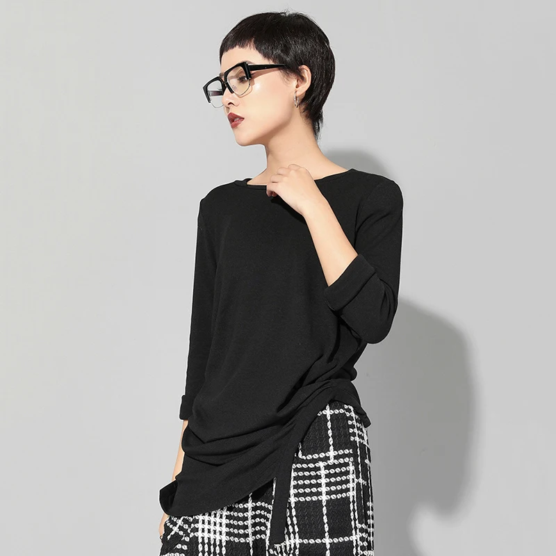 [EAM] новая осенне-зимняя черная свободная футболка с круглым вырезом и длинным рукавом с неровным узлом, женская модная футболка JR358