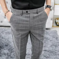 2019 новые мужские брюки элегантный Рабочий костюм брюки камвольная смесь тонкие клетчатые брюки