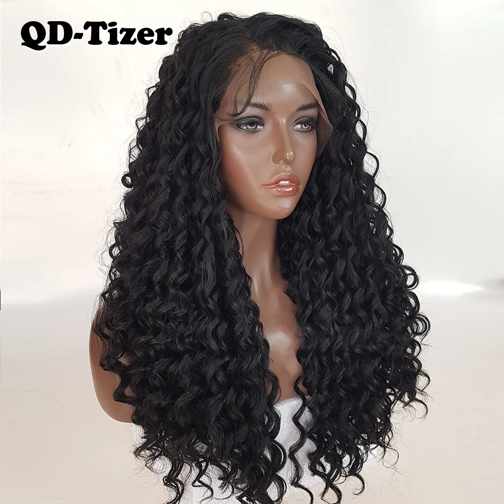 QD-Tizer курчавые кучерявые парики длинный без клея Синтетические Кружева передние парики 180% Плотность черные волосы Детские волосы термостойкие волокна