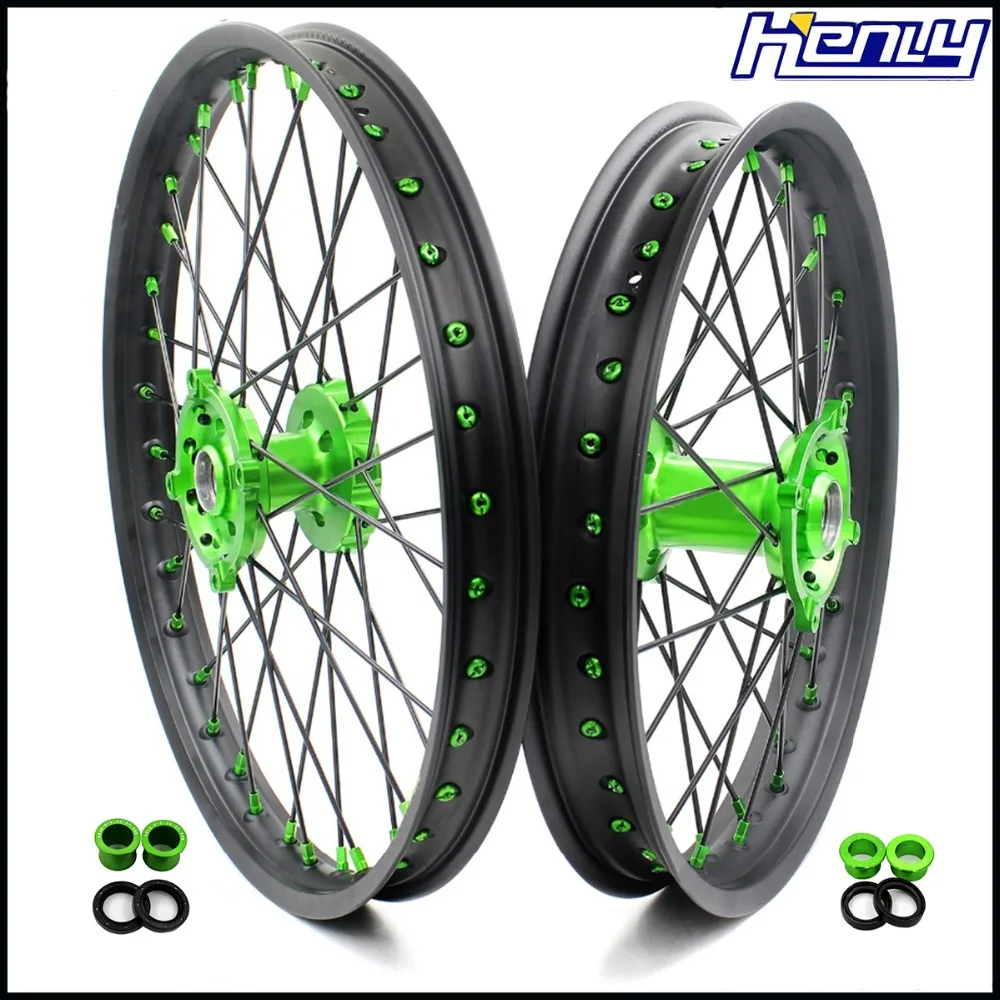 

21/18 Motorcycle Rim Enduro Wheels Set For KAWASAKI KX250F KX450 2006-2010 2012 2014 2016 2018 Green Nipple Black Spoke