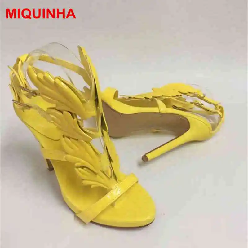 

MIQUINHA Yellow Flame Leaves Pattern Design Gladiator Buckle Women Sandals Sexy High Thin Heel Zapatos Mujer Luxury Brand Shoes