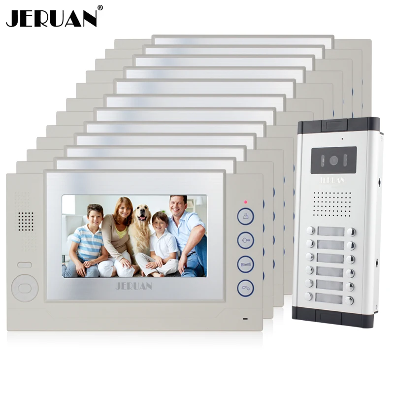 

JERUAN Apartment 12 White Doorbell 7 inch Video Door Phone Record Intercom System 1 HD IR Camera for 12 Household 8GB SD Card
