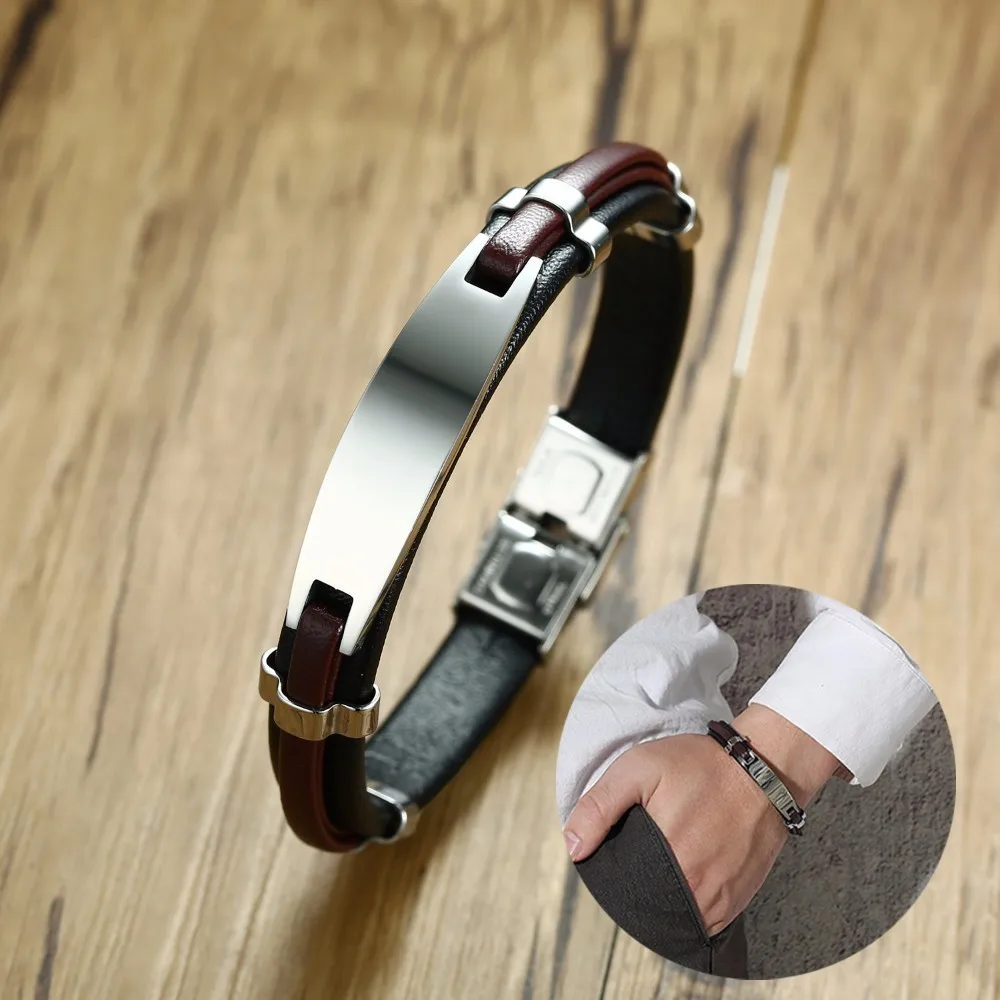 

Personalized ID Tag Leather Bracelet Engraved Custom Text Customized Men Braslet for Male Brackelts Armband Jewelry