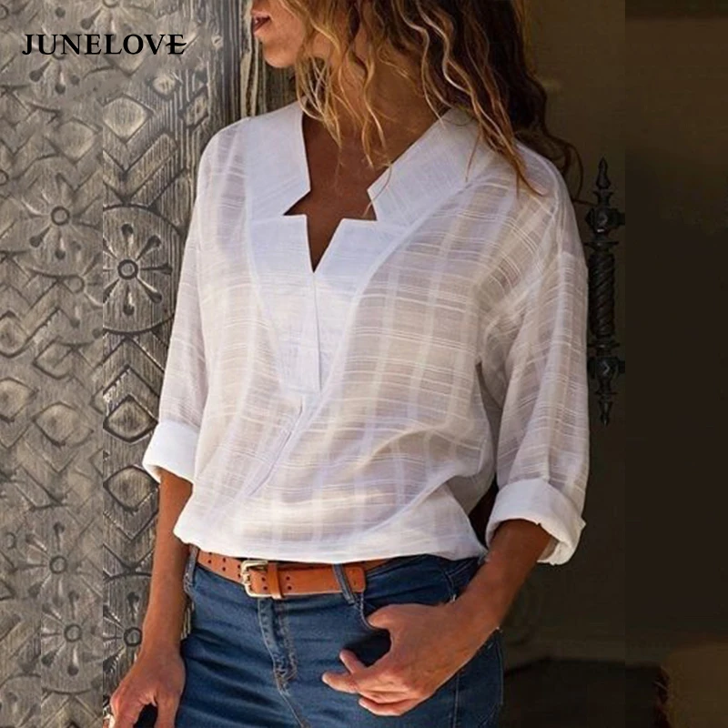 

JuneLove 5XL Plus Size Blusas Mujer De Moda 2019 Womens Tops And Blouses Fashion V Neck Long Sleeve Shirts Spring Autumn Top
