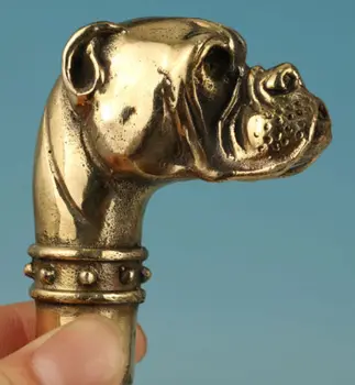 

100% BRASS Pure Copper Brass Grandpa Good Lucky Chinese Old Brass Handmade Carved dog Statue Cane Walking Stick Head