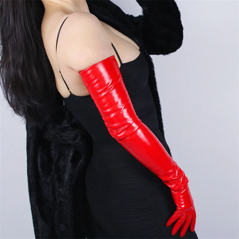 Woman's Gloves Extra Long Patent Leather Red Simulation Leather 70cm Long Synthetic Leather Party Dance Female Gloves P41-5