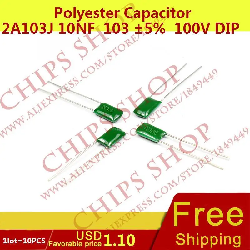 1LOT=10PCS Polyester Capacitor 2A103J 10nF 103 5% 5mm(1mm) 100V DIP 2 ...