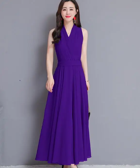 

2019 Summer New Arrival Bohemian Style V Collar Sleeveless Solid Color Plus Size S-3XL Woman Chiffon Long Beach Dress