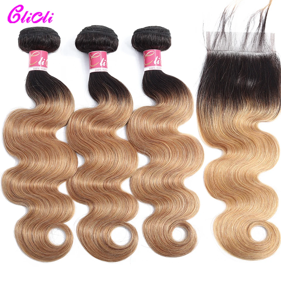 

1B 27 ombre hair bundles with closure body wave dark roots brown 3 bundles with 4x4 lace closure malaysian human hair weaves