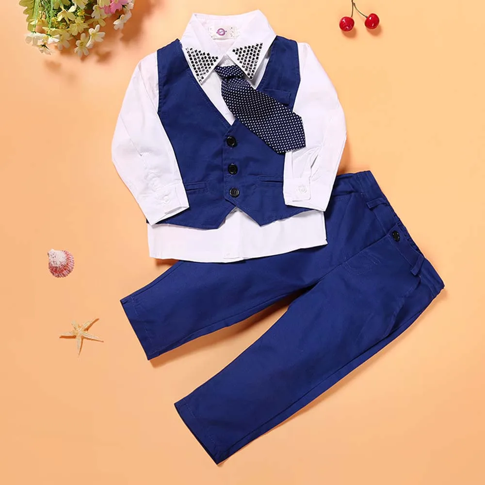 

Blue Boys Blazer Suit Children Vest+Tie+Blouse+Pants 4 pieces Blazer Sets for Wedding Autumn Outwear Toddler Boy Blazers DA705