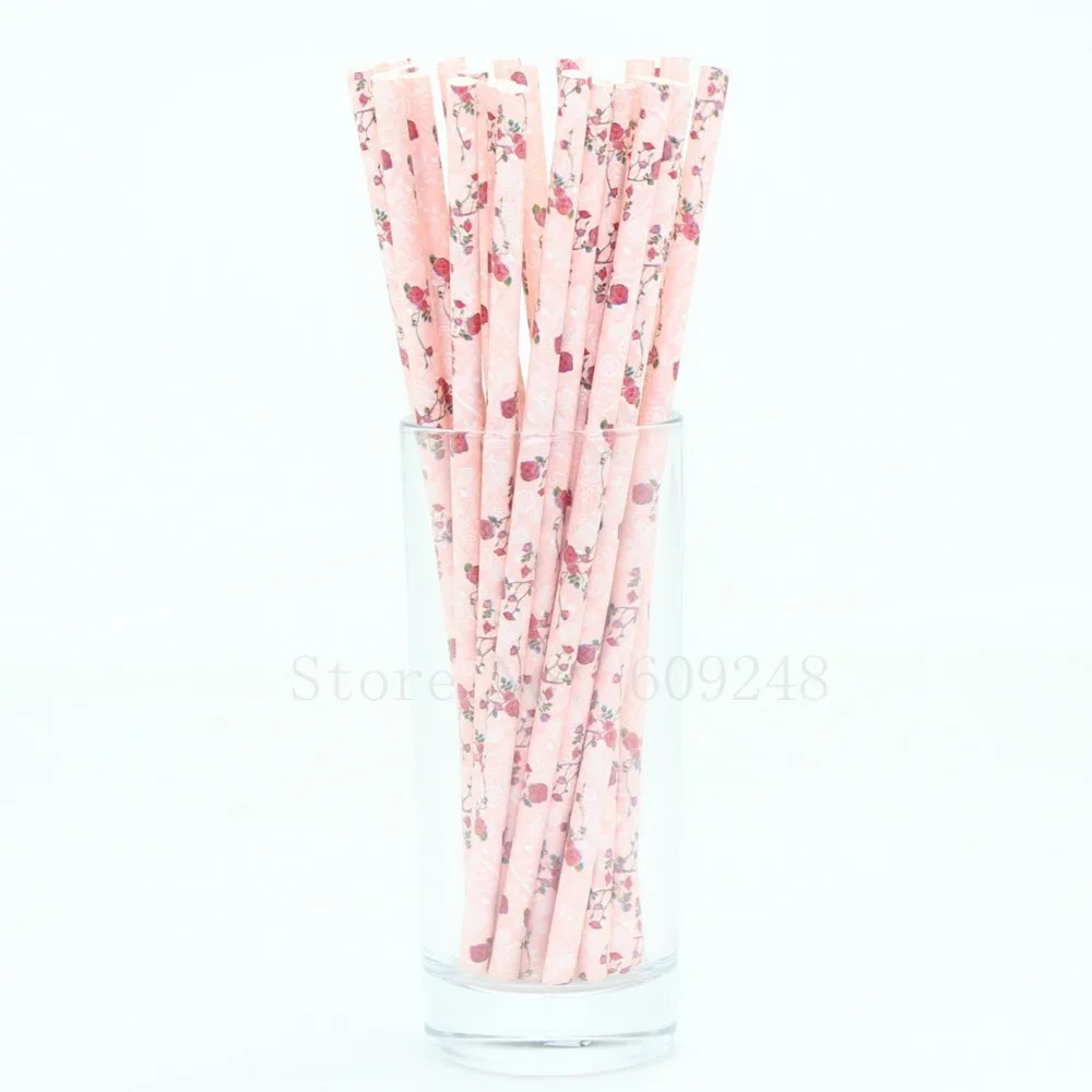 100pcs Red Roses Flower Paper Straws,Light Pink Floral Print Paper