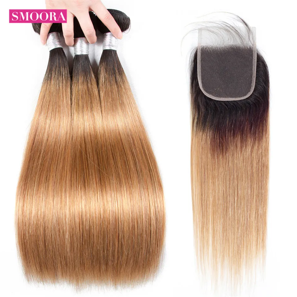 

3 Bundles Ombre Brazilian Straight Human Hair Bundle With Closure with Baby Hair 1b/27 Non Remy Ombre Dark Roots Blonde Smoora