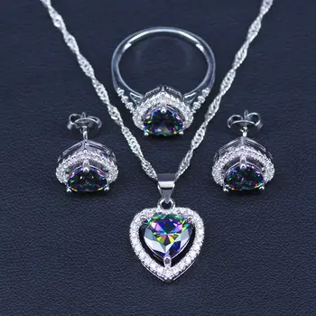 

Heart Silver Color Jewelry Set Rainbow Zircon White CZ Jewelry Sets For Women Wedding Necklace/Earrings/Pendant/Ring