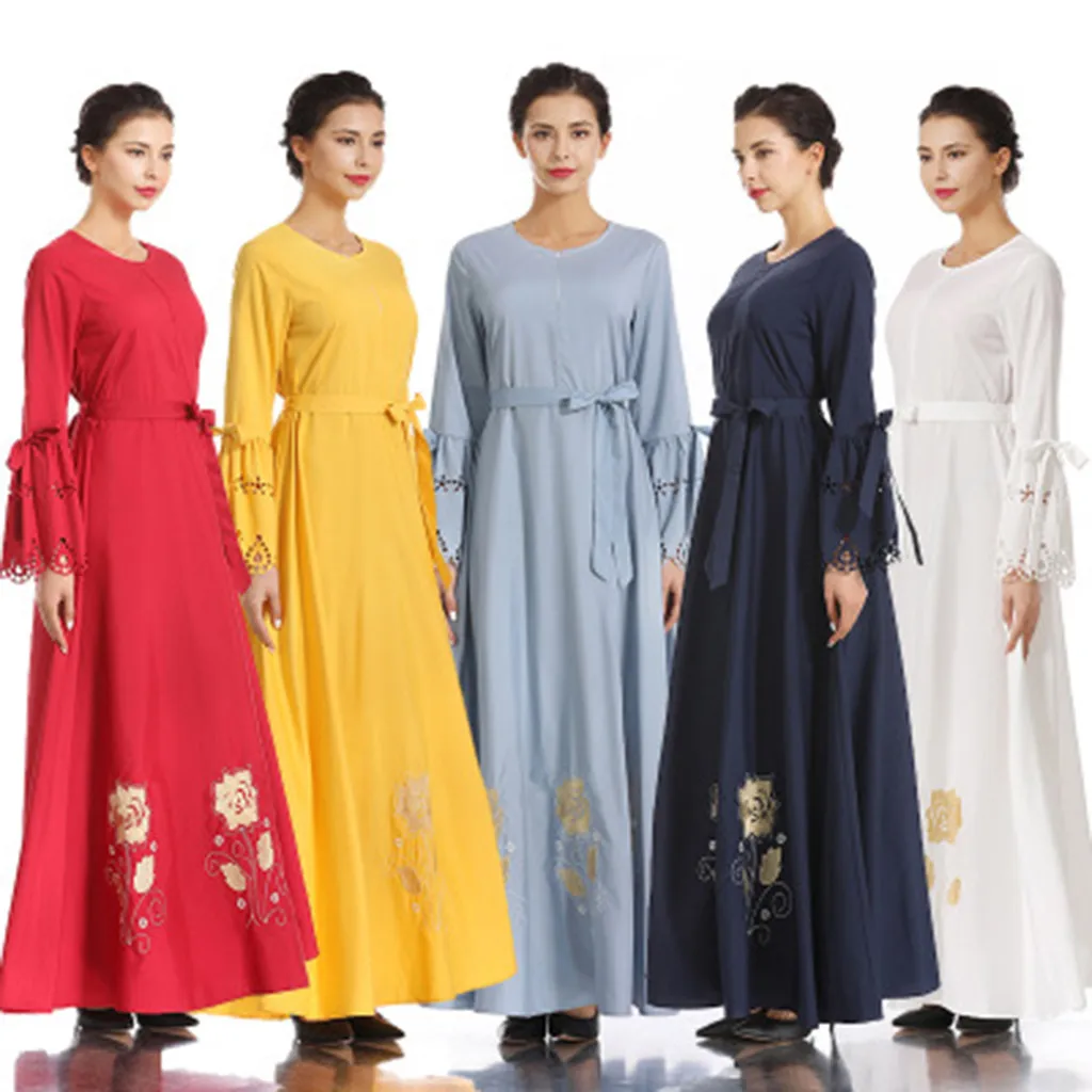 

Women Muslim Embroidered Print Slim Elastic Waist Silk Dress Long Dress
