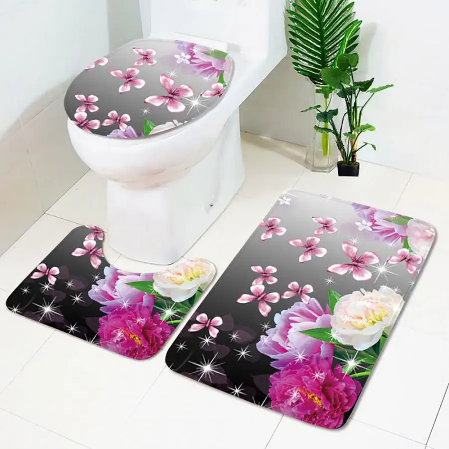 

3Pcs Colorful Flower Non-Slip Shower Bathroom Mat Pedestal Rug Toilet Lid Cover Set Home Bathroom Decor