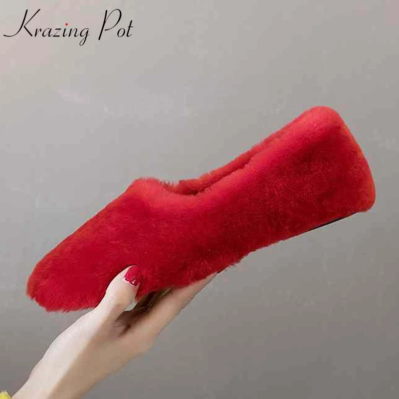 

Krazing Pot sheep fur decoration princess style slip on round toe flats colorful young lady superstar autumn Winter shoes L62