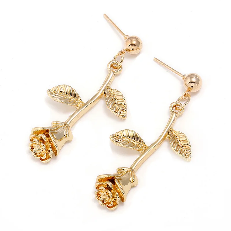 Fashion Womens Alloy Flower Rose Drop Metal Simple Floral Earrings Jewelry For Girls